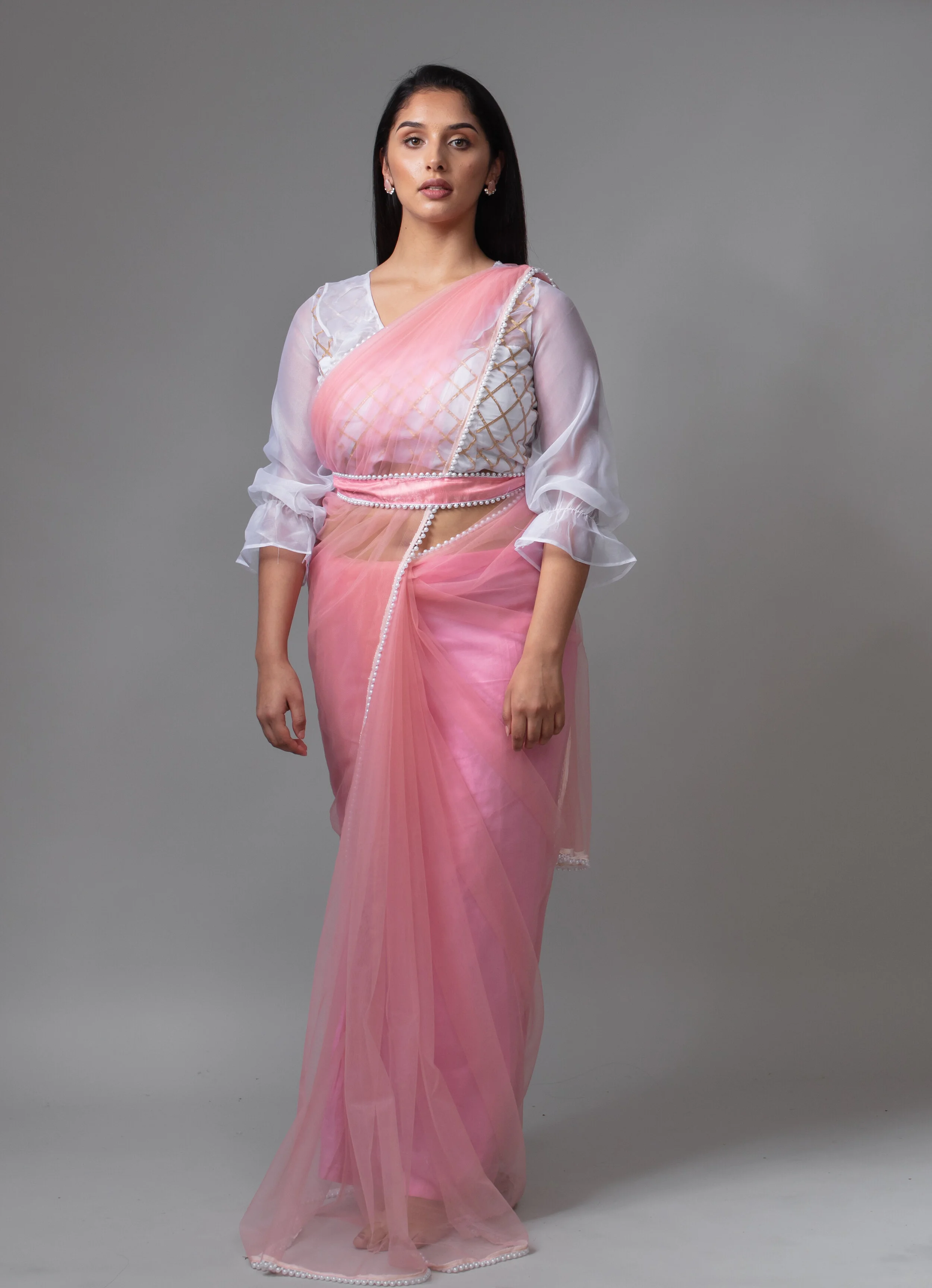 Long Puff Sleeves Blouse with Pink Net 