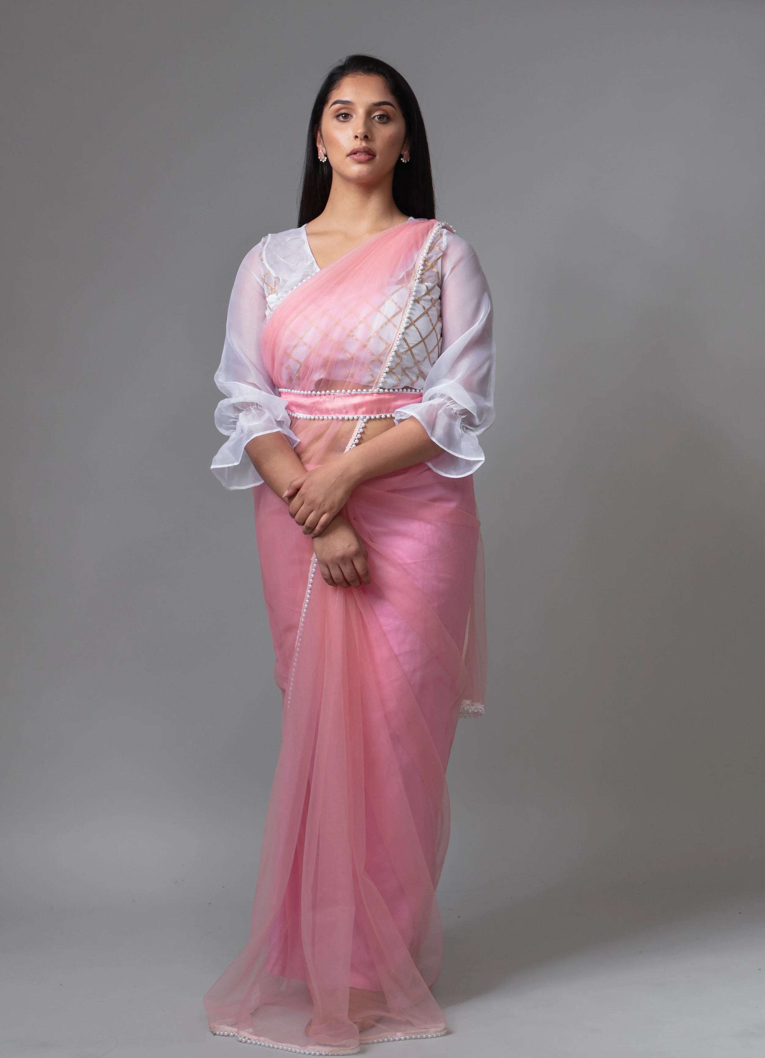 Long Puff Sleeves Blouse with Pink Net 
