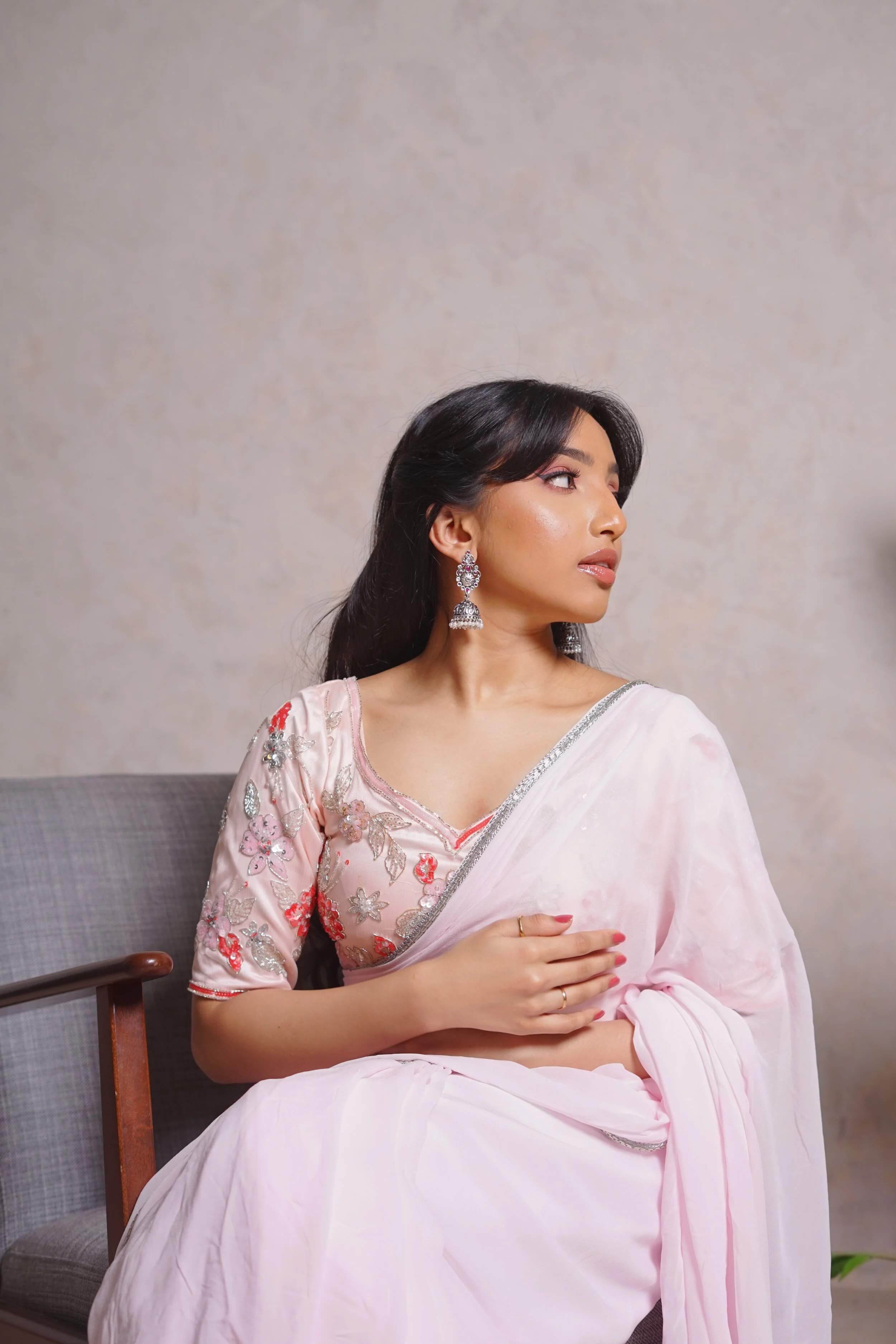 Pink floral Blouse with Sweet Pea Saree 