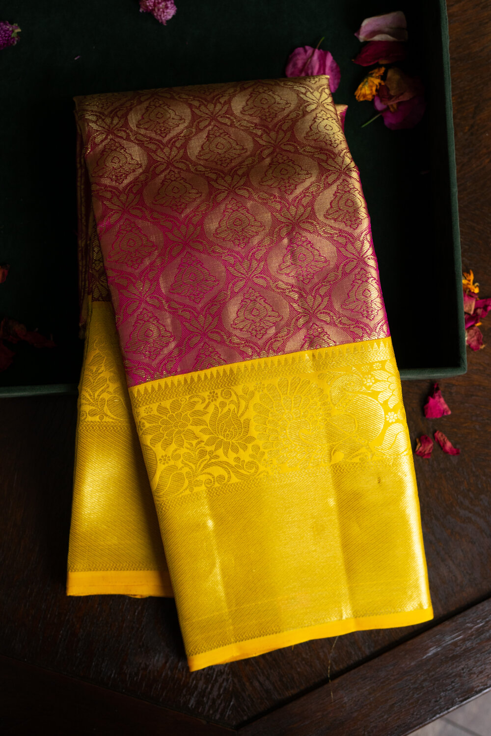 Pink Kanchipuram Silk Saree With Yellow Border