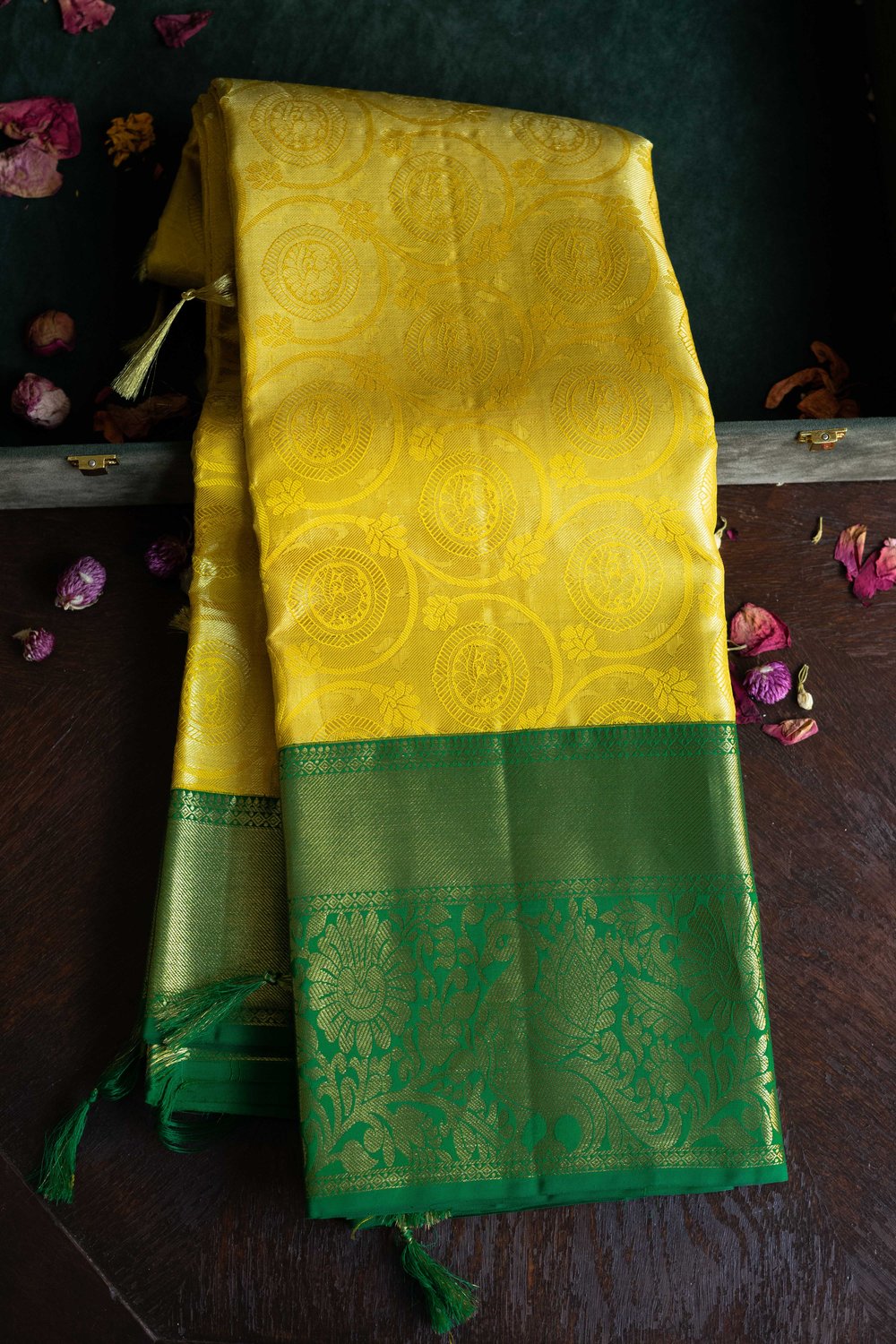 Pastel Yellow Kanchipuram Silk Saree with Green Big Border