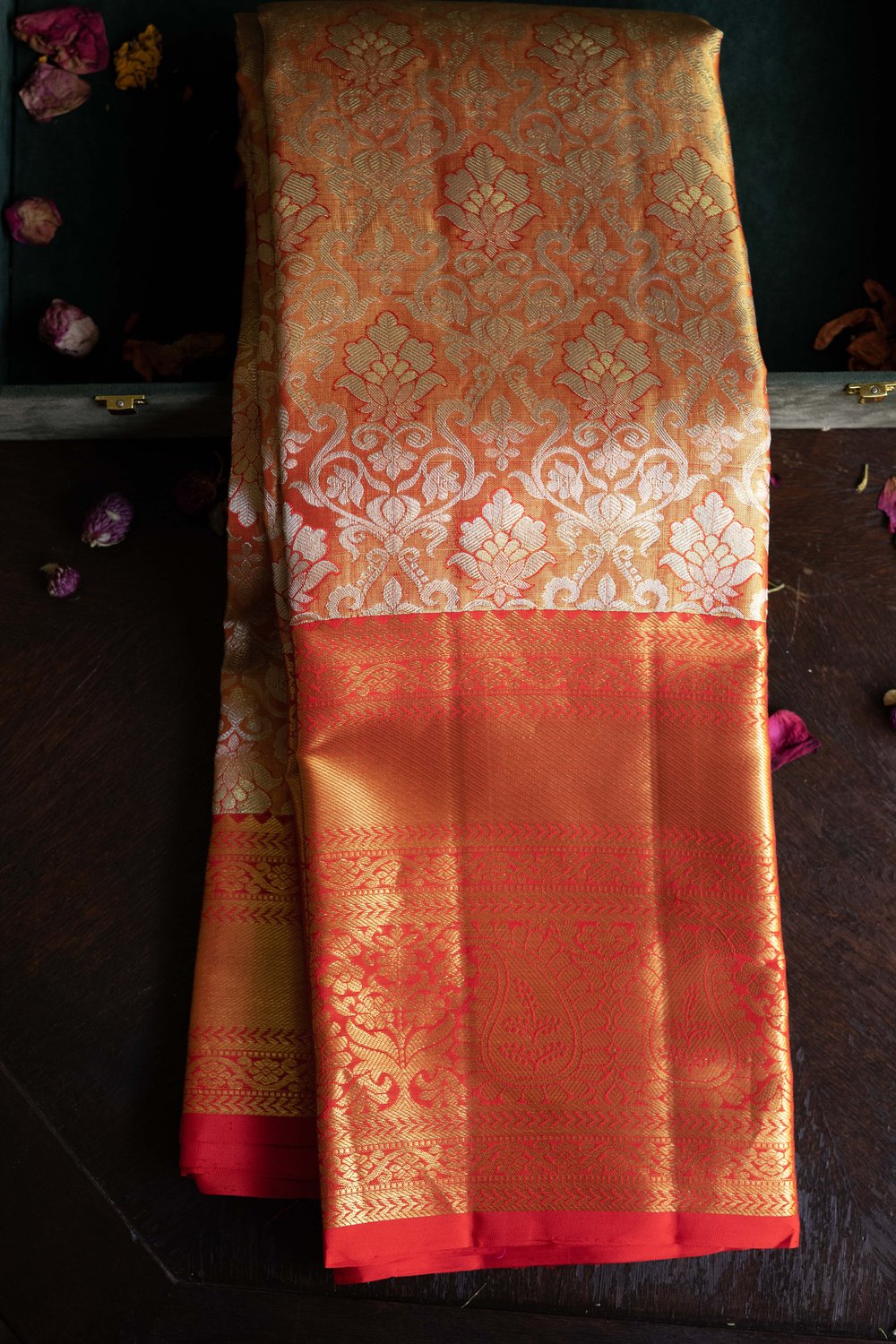 Peach Kanchipuram Tissue Silk Saree with Long Border