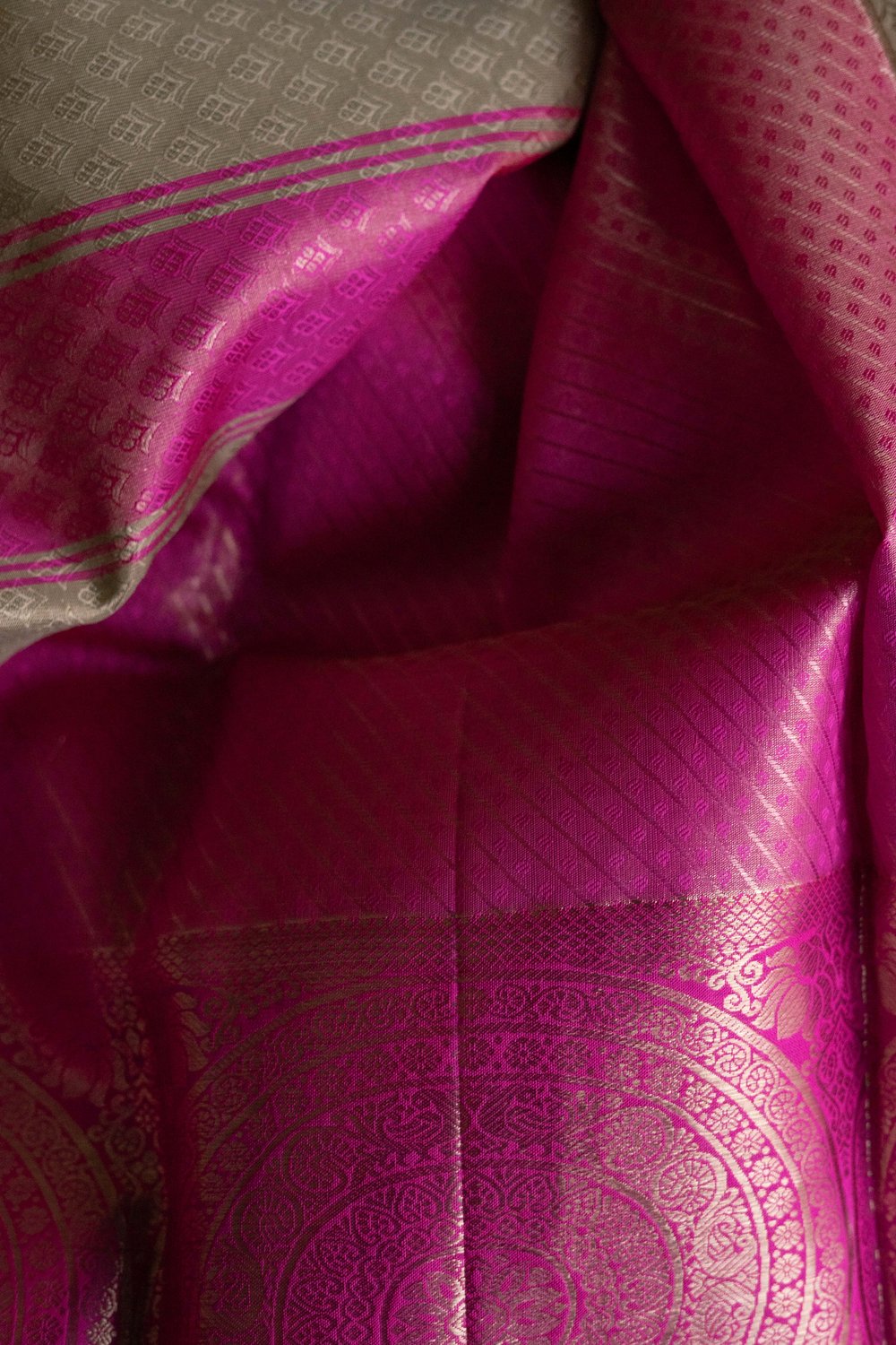 White Kanchipuram Silk Saree with Magenta Pink Border