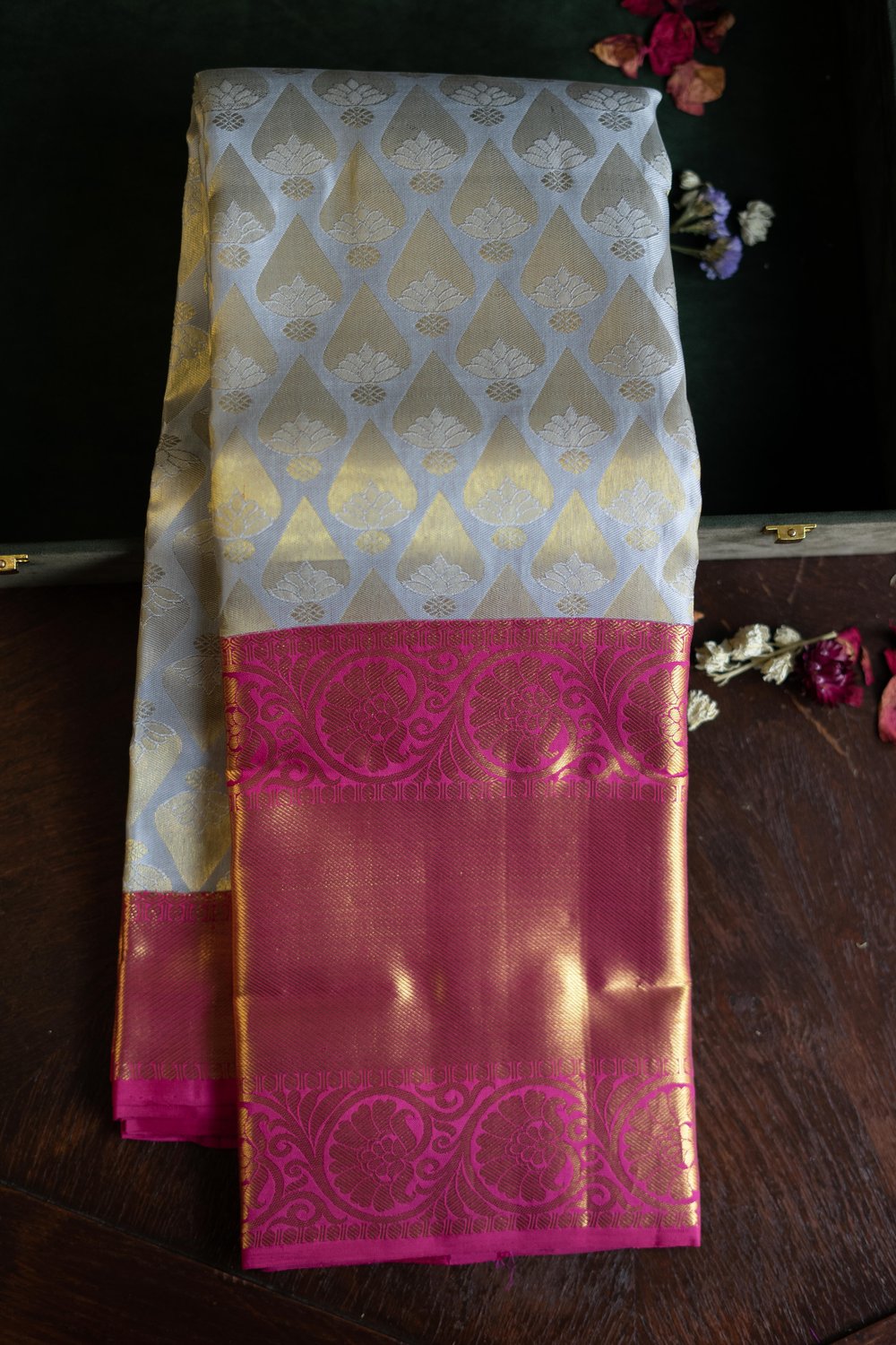 Pastel Grey with Hot Pink Long Border Kanchipuram Saree