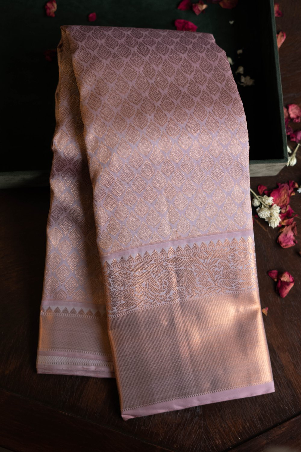 Lilac Kanchipuram Saree with Rose Gold Zari