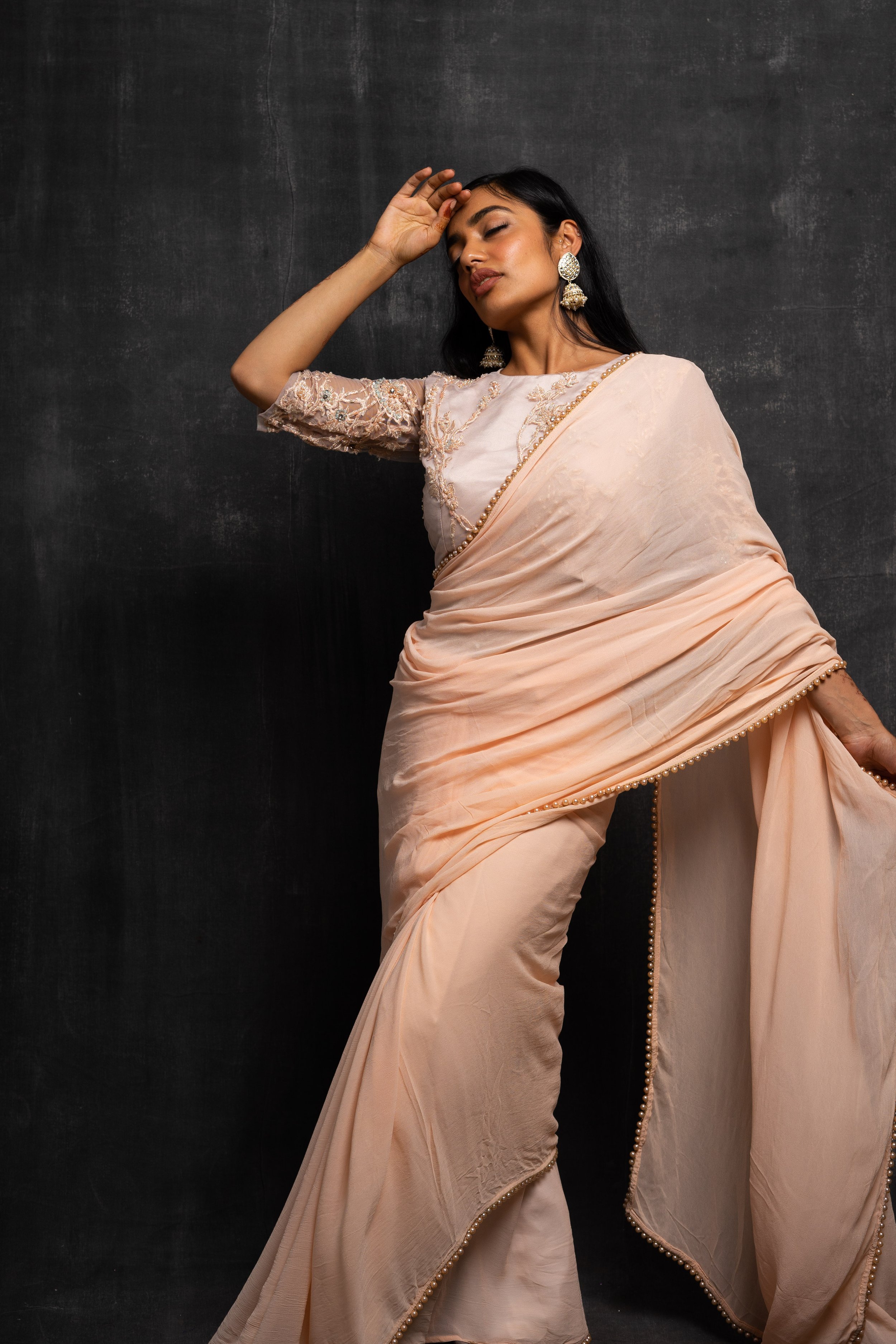 Buy HOUSE OF BEGUM Peach Pure Linen Saree With Pastel Embroidery Work with  Blouse Piece  Shoppers Stop