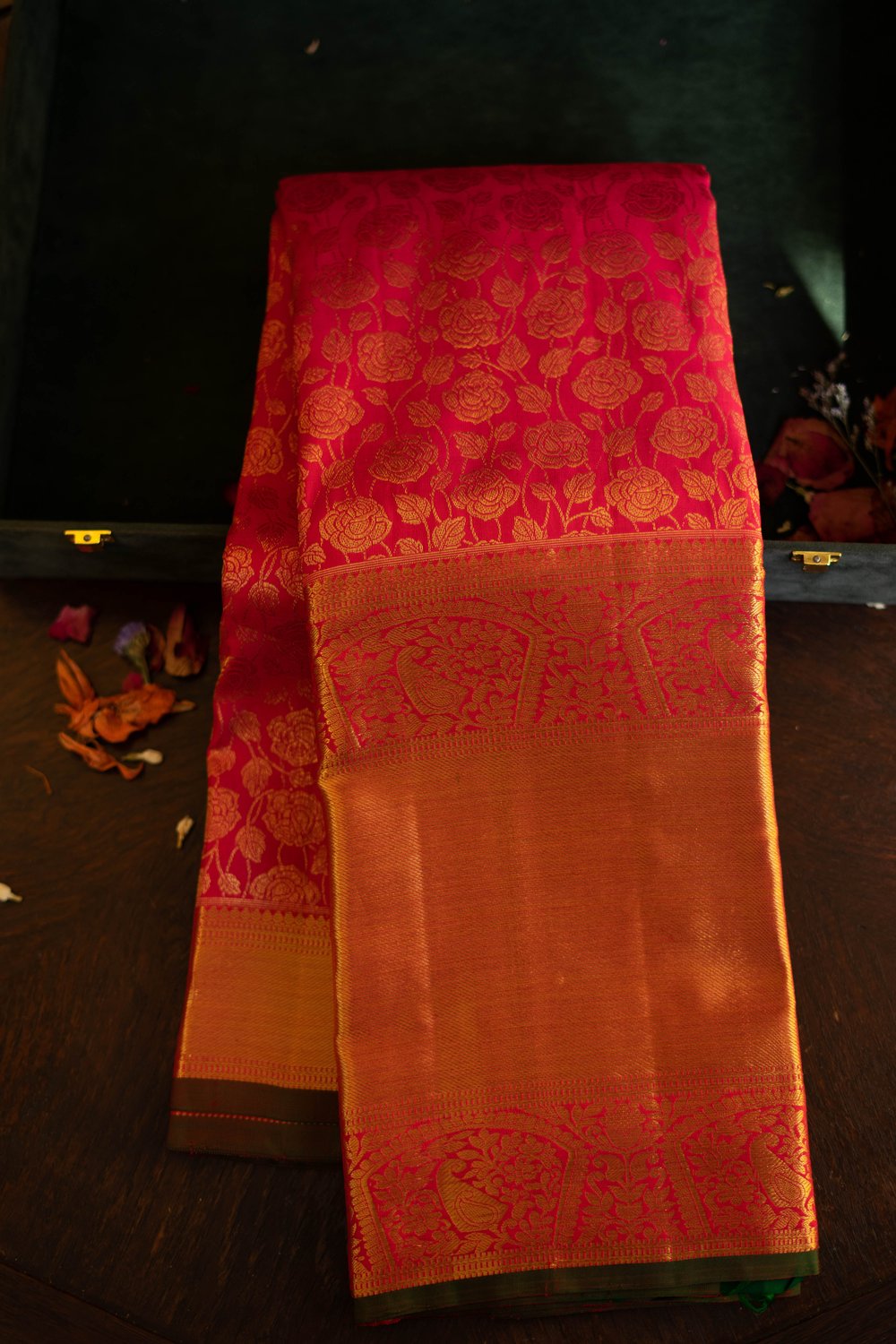 Red Kanchipuram Silk Bridal Saree with Floral Long Border