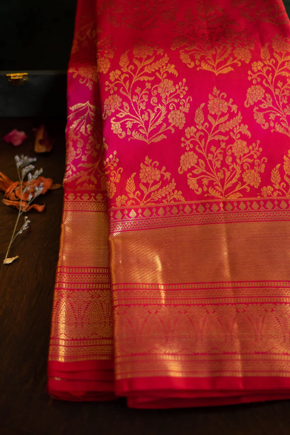 Red Kanchipuram Silk Bridal Saree with Floral Border