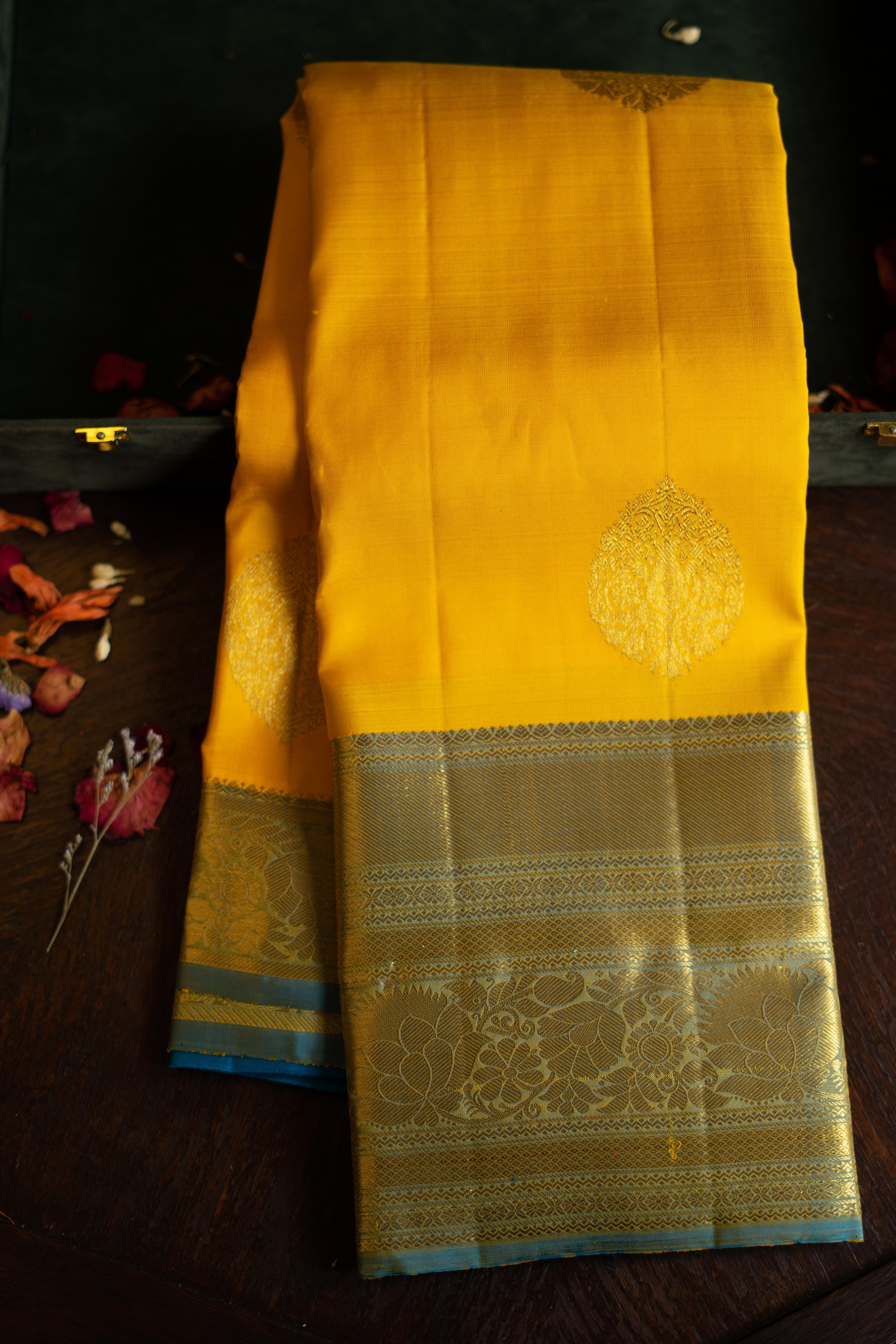 Kanchipuram pure silk in cream with dark mustard yellow saree –  www.vannamayil.com