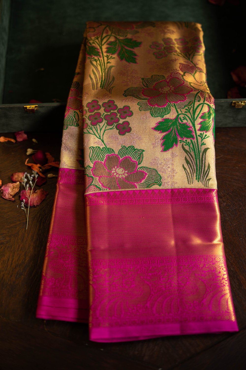 Hot Pink Kanchipuram Silk Saree with Floral Print