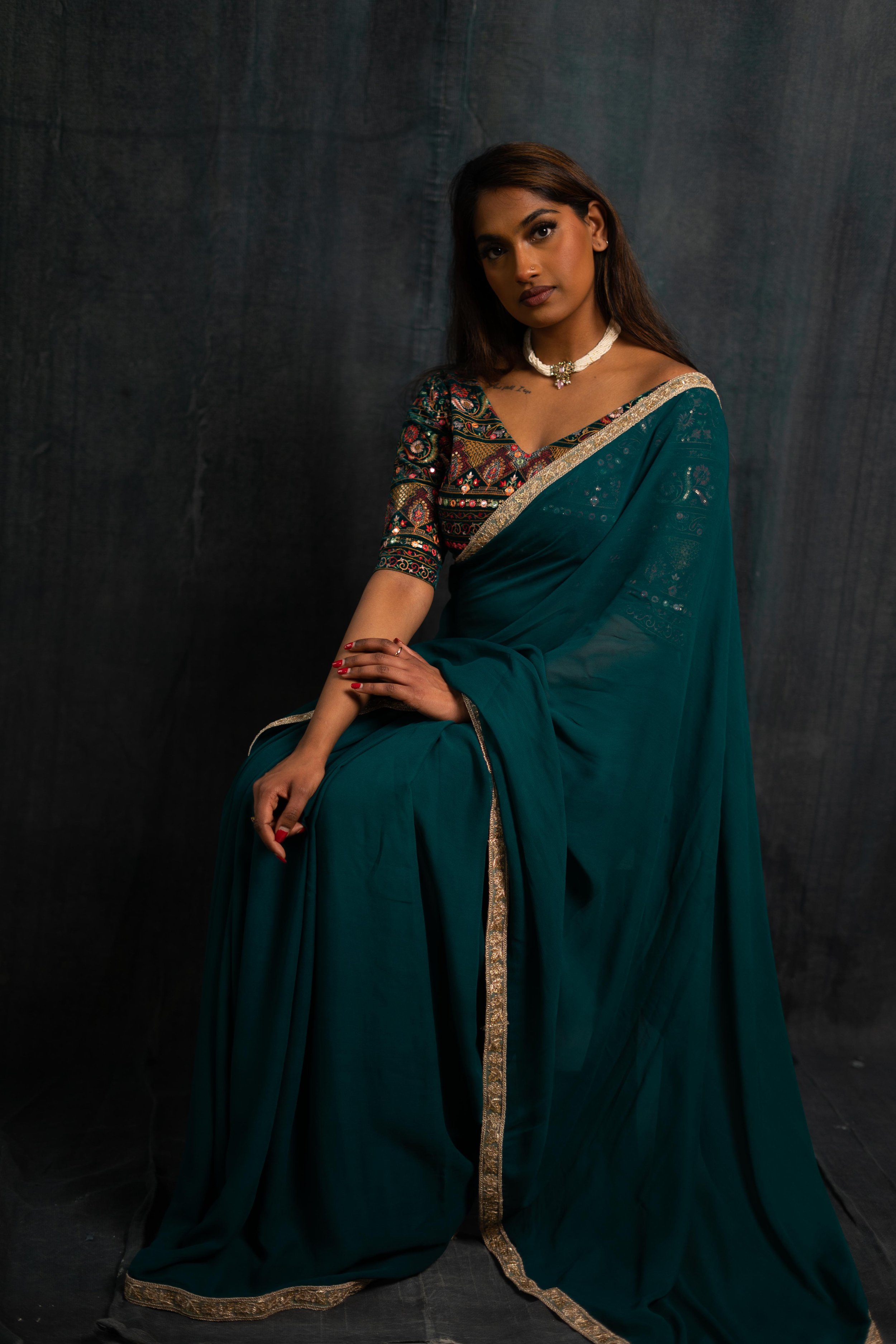 Mughal Collection - Ocean Blue Saree with Handcrafted Blouse