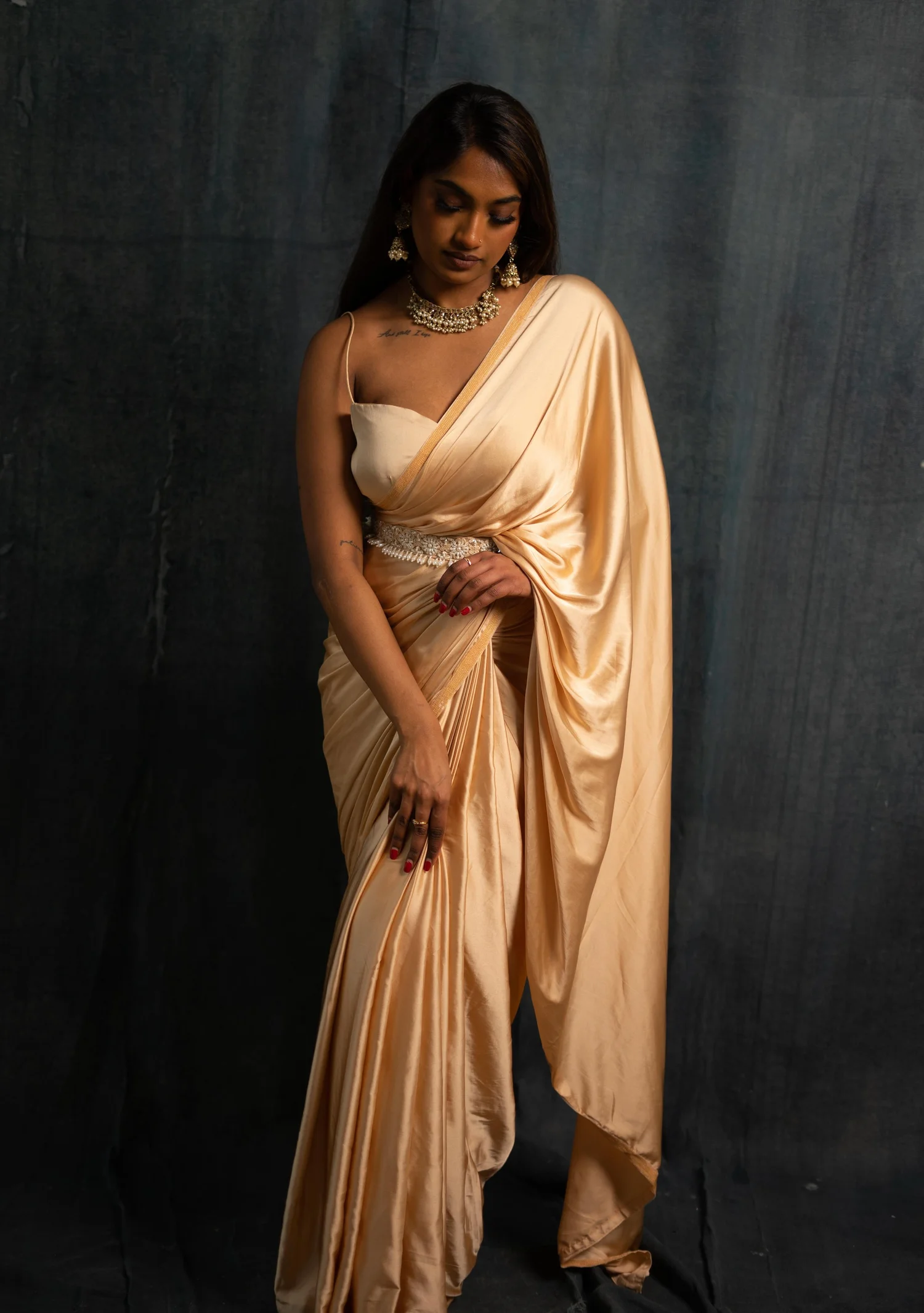 SS23 Gold Saree with HandcraftedP Belt - Main Image