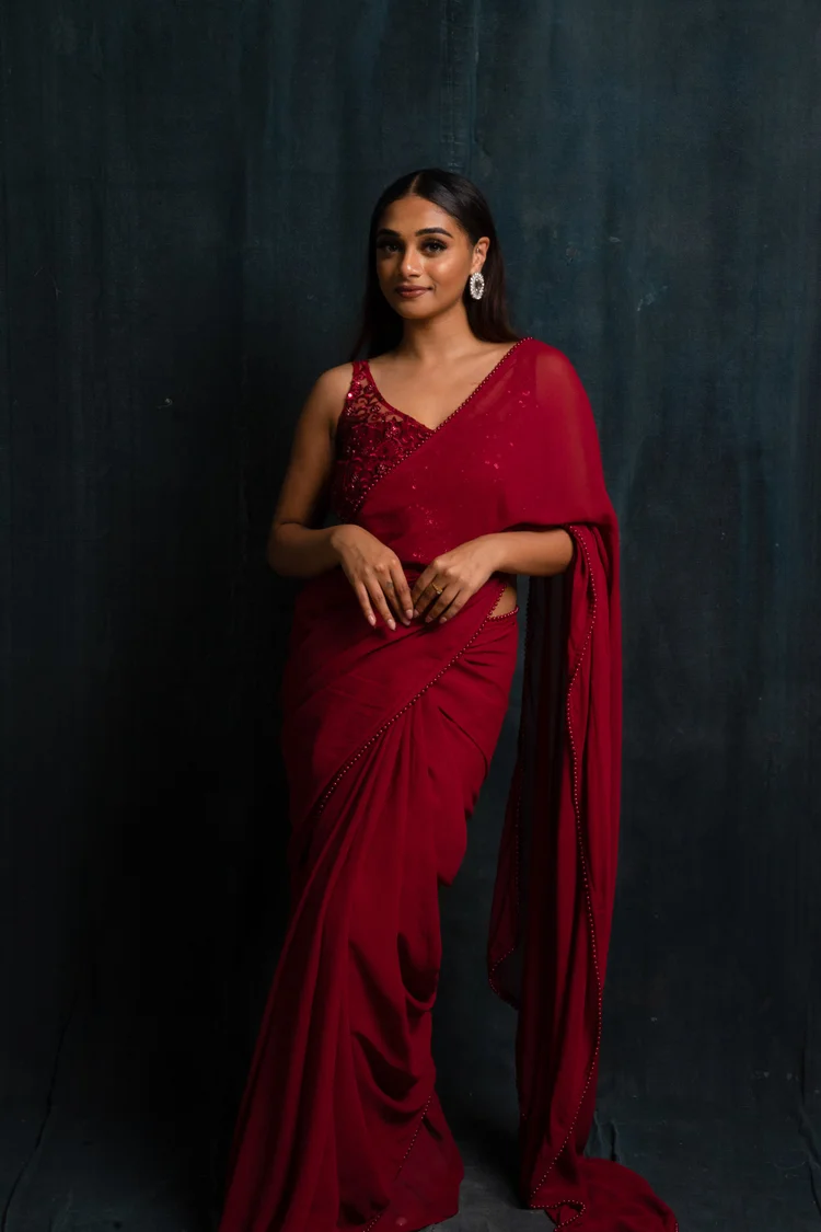 Wild Rose cotton saree with denim blouse