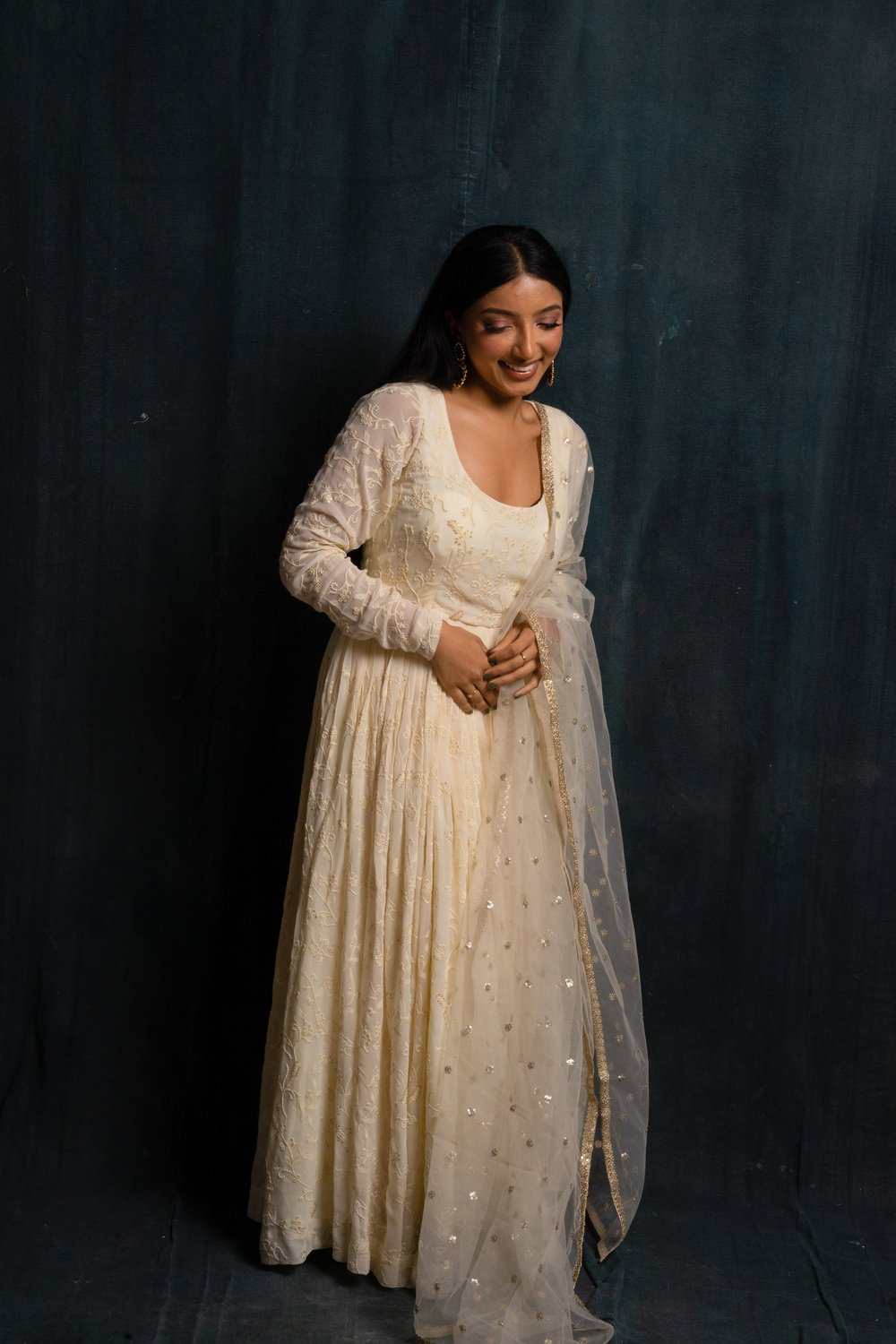 white embroidered anarkali dress Snow White Embroidered Gown Anarkali Suit Set M main image 1