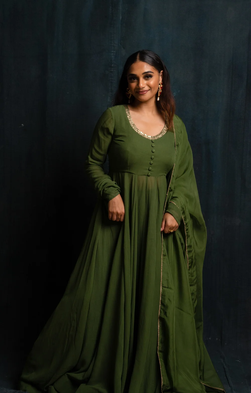 green emerald velvet dress Georgette Embroidered Olive Green Anarkali / Gown
