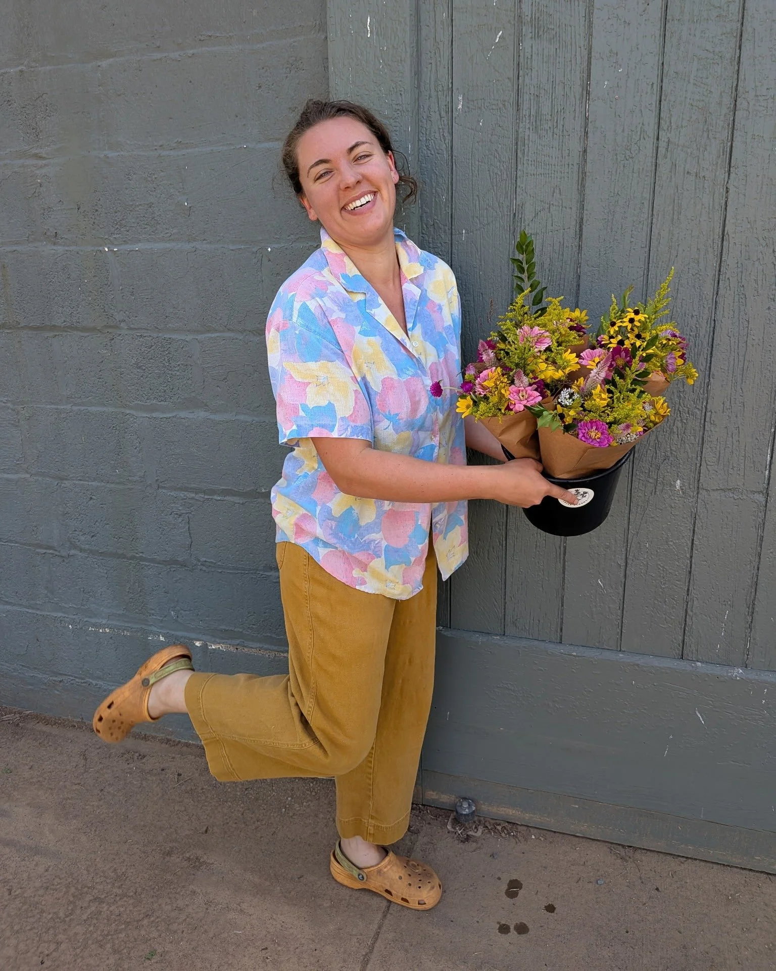 It was a happy accident, but Mackenzie's outfit matched Molly's flower color palette this week. These are available at markets and the Barn Store each week and will always include a selection of fresh seasonal flowers/greens/herbs grown here at Bella