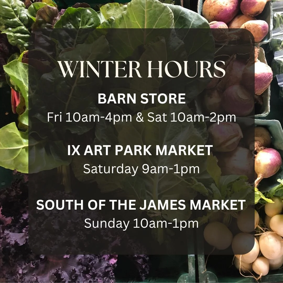 We're back to our usual open hours at both markets and the Barn Store this week and beyond! It may be the "off-season", but we're still farming, and we've still got eggs, meat, veggies, and local grocery items! 😊 Shop in person or place an