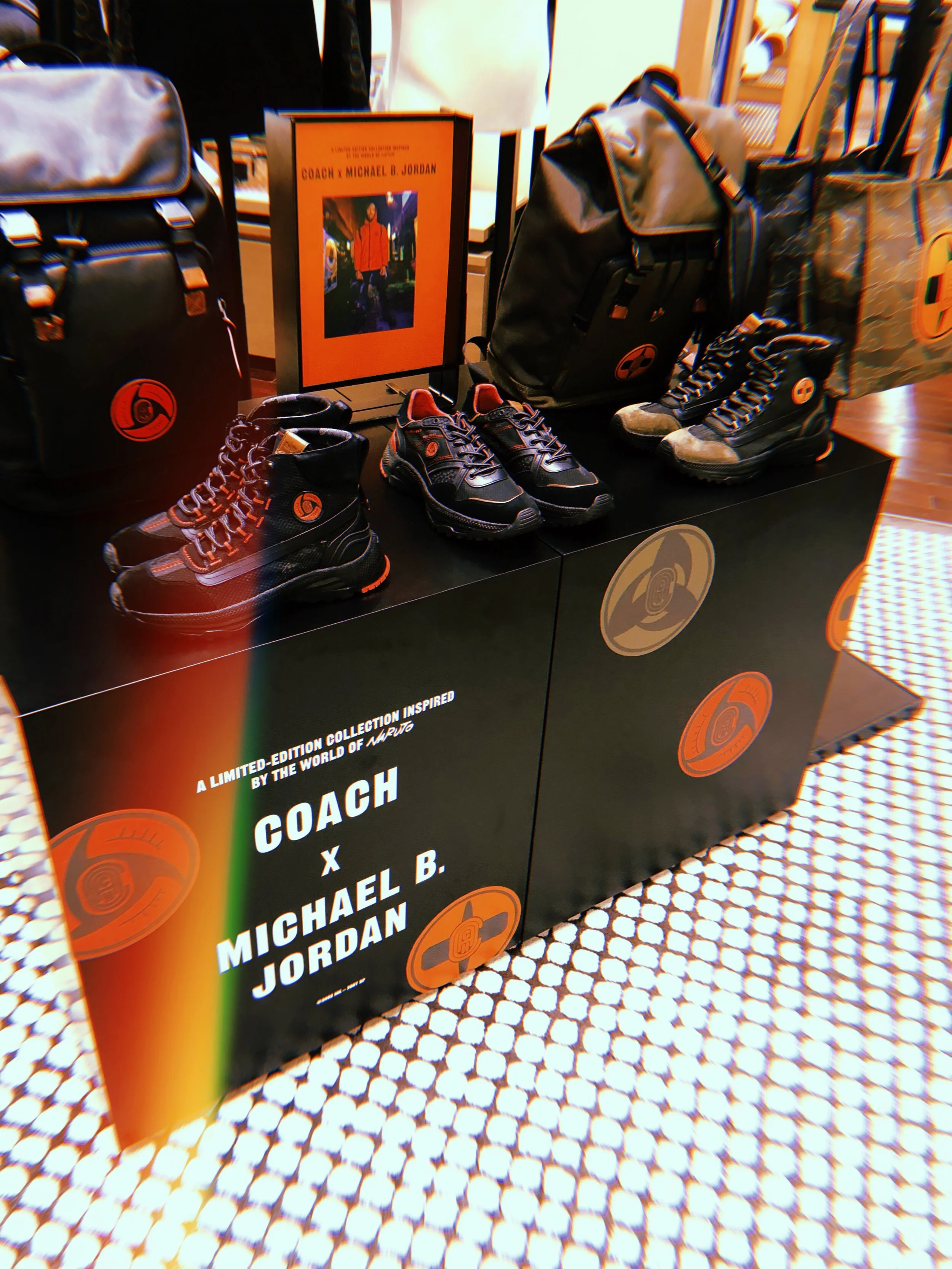 COACH x Michael B. Jordan Capsule Collection (From Left to Right: Backpack, Hybrid Urban Hiker, C143 Runner, Backpack, Belt Bag, Tote 42) , The Dubai Mall, Dubai, UAE. ©LeCircles
