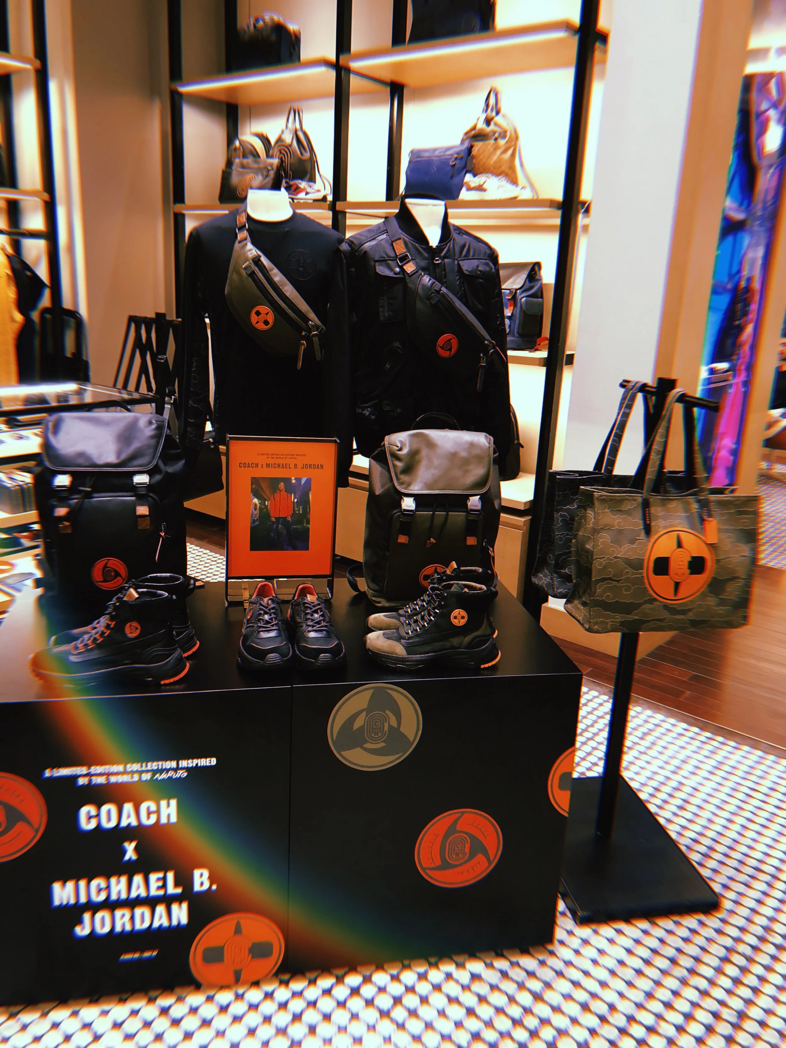 COACH x Michael B. Jordan Capsule Collection (From Left to Right: Backpack, Hybrid Urban Hiker, C143 Runner, Backpack, Belt Bag, Tote 42) , The Dubai Mall, Dubai, UAE. ©LeCircles