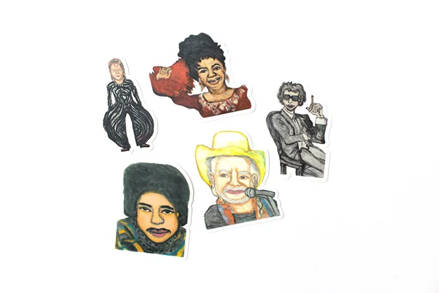 Sticker Pack featuring 5 die-cut stickers based on drawings of some of Kim Clark ‘s favorite musicians: David Bowie, Prince, Aretha Franklin, Bob Dylan, and Willie Nelson