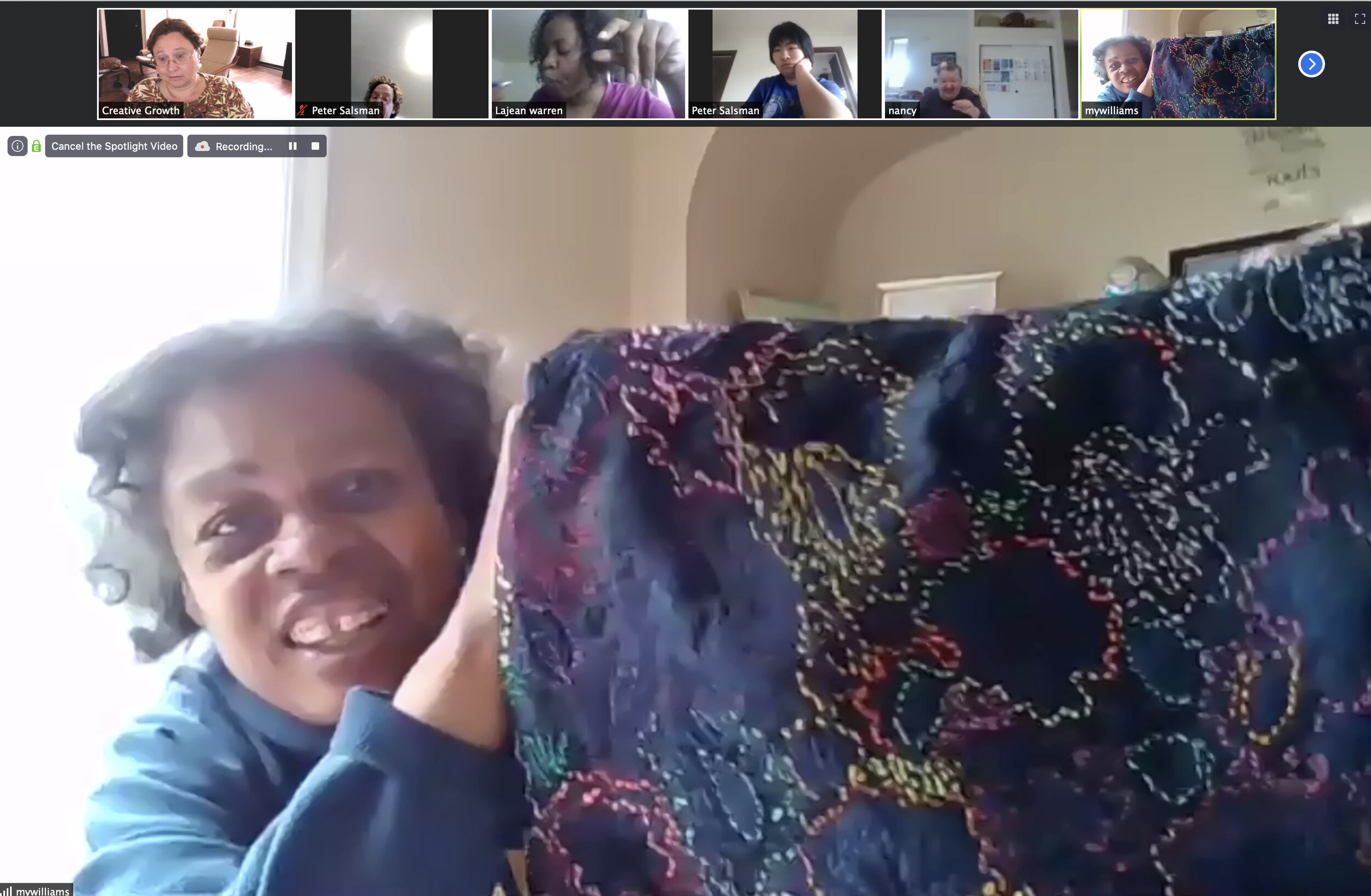 Artist Zina Hall sharing work in an online session titled "Textiles and Mindfulness"