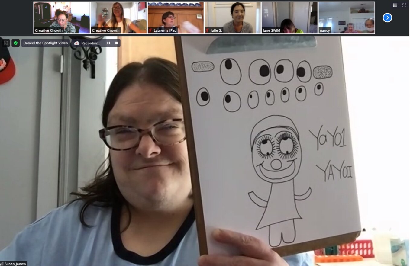 Artist Susan Janow sharing a drawing of Yayoi Kusama after a virtual museum tour