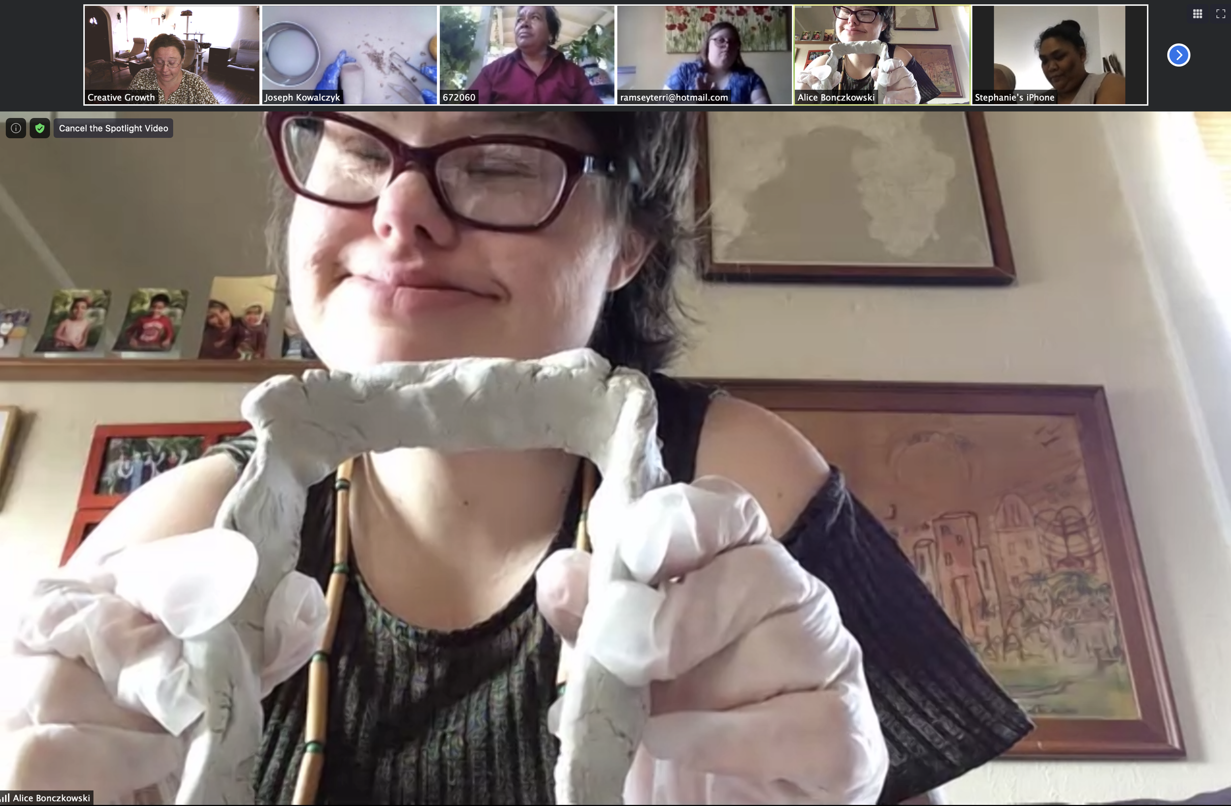 Artist Alice Bonczkowski sharing a ceramic work in progress during our first online sculpture class