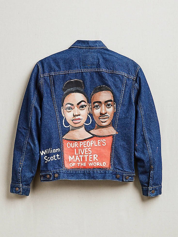 Levi's x Creative Growth fashion collaboration featuring work by artist William Scott on a vintage trucker jacket.