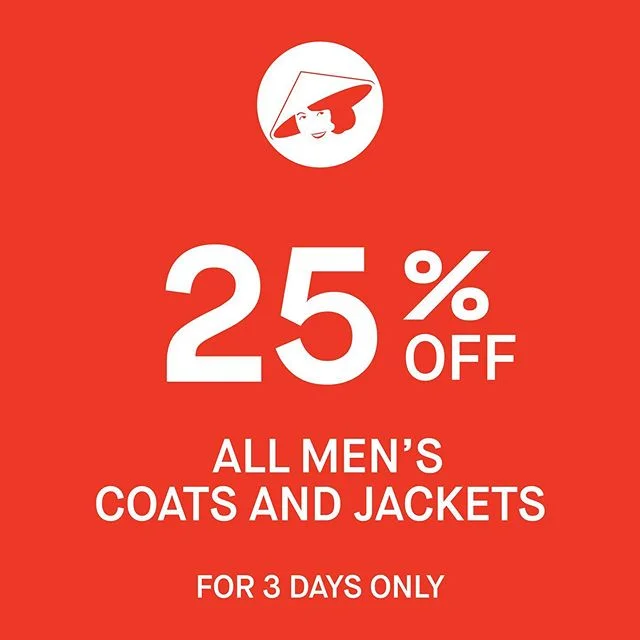 🚨 MR CHOON SALE ALERT 🚨 25% off all men’s coats and jackets! Ends Sunday #mrchoon #adelaide #rundlestreet #southaustralia