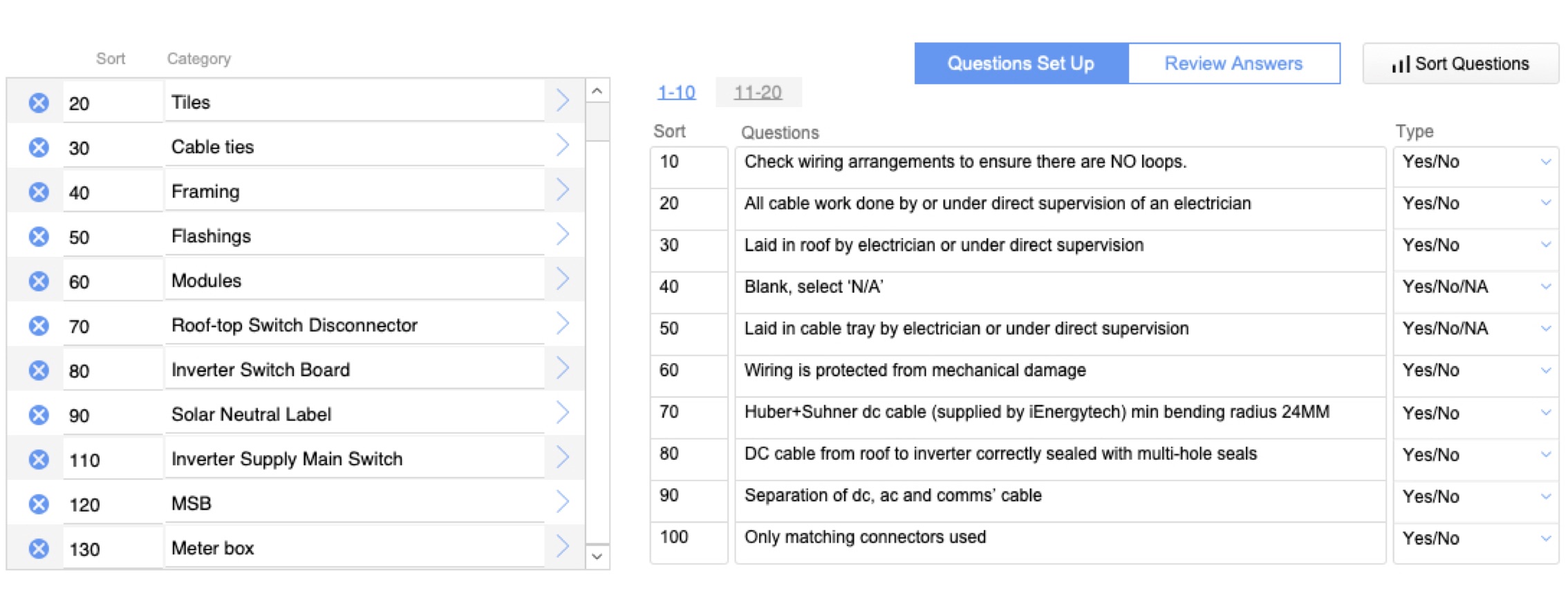 Image shows an example of checklist items that the installer responds to relating to the category of ‘Cable work’; such checklists are required regardless of size of system. Furthermore, at each critical stage of the installation, the installer uploads progress photos responding to these questions.