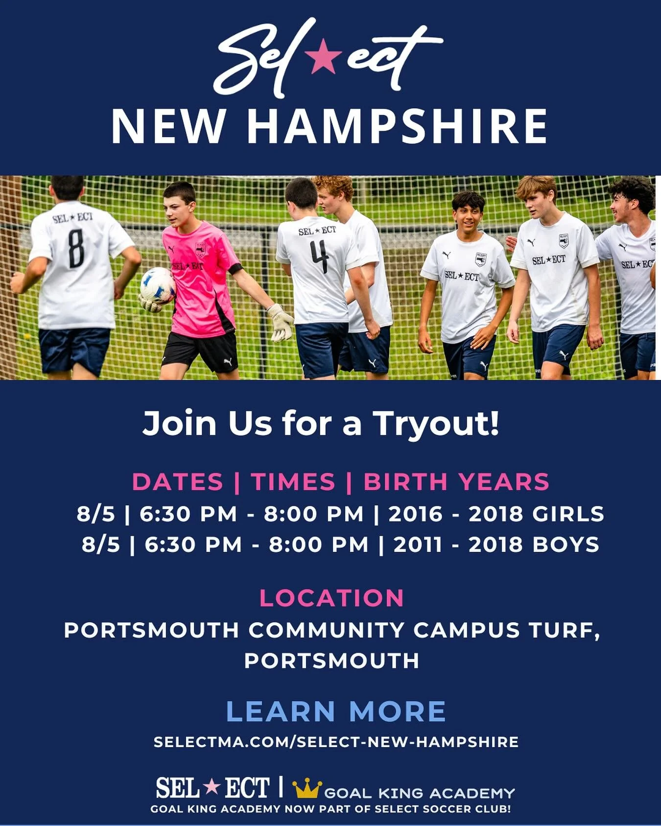 ⚽️ Select New Hampshire Tryouts &ndash; Final Call! ⚽️
Don&rsquo;t miss our last tryout before the season kicks off! 🚨
Join a club built on professional coaching, player development, and a strong, supportive environment.
📅 August 5th
🕡 6:30&ndash;