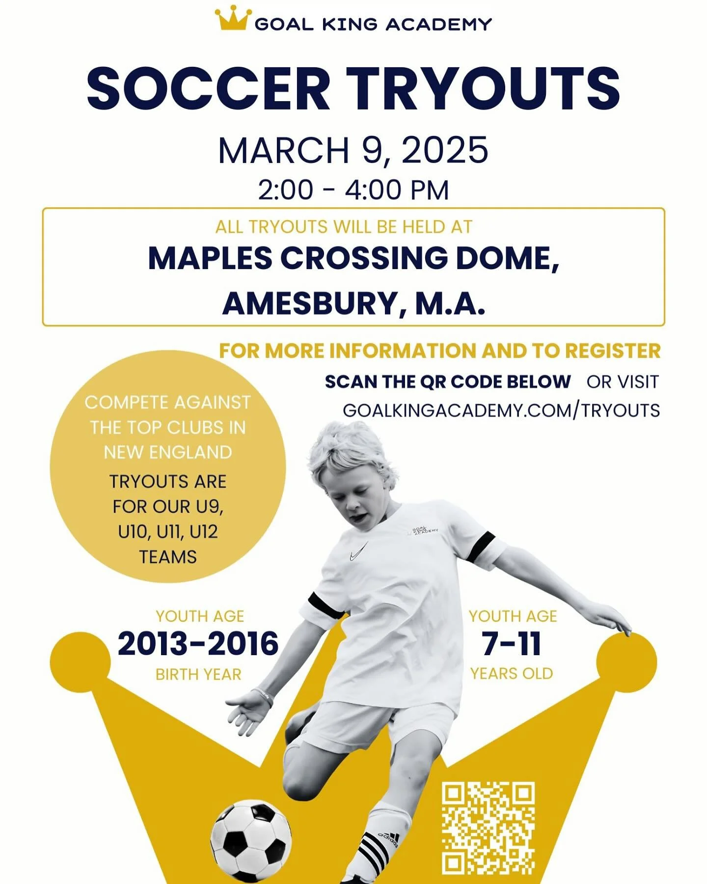 ⚽ Spring Elite Soccer Tryouts - Goal King Academy ⚽

Goal King Academy is holding tryouts for our Spring Elite Soccer Club! GKA competes in the New England Club Soccer League (NECSL), facing off against the best competition in the region. We have pro