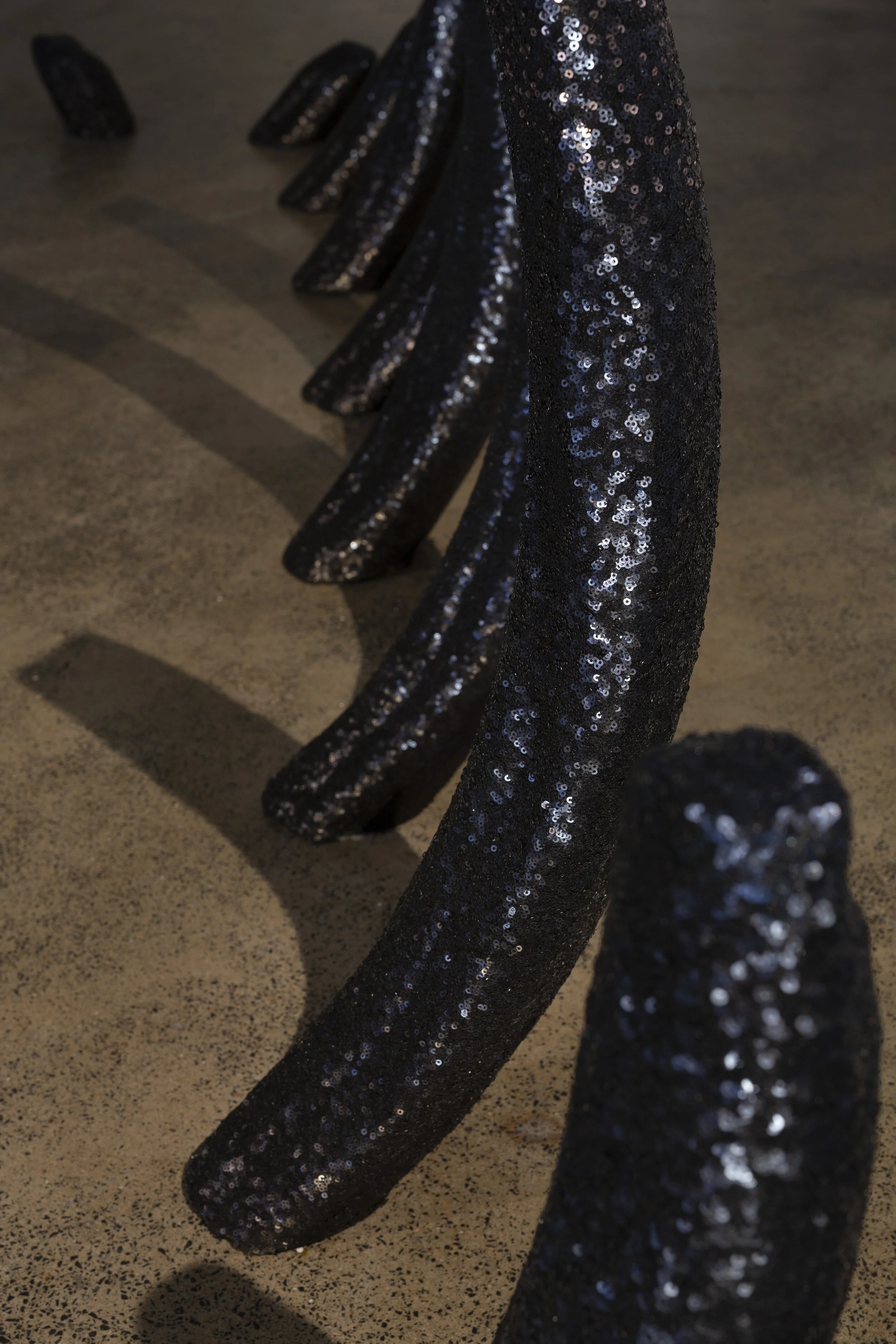 Tamara Baillie,  Ribwreck , 2020, HCFC free polystyrene, sequins, fishing sinkers, sound 250 × 400 × 100 cm (approx.), installation view, Firstdraft, Sydney. Photo: Jessica Maurer. Courtesy the artist.
