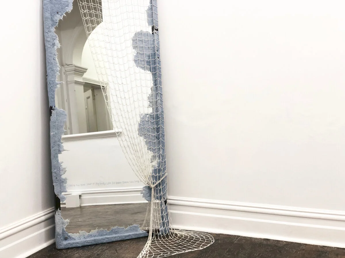 Lill Colgan,  From Looking To Feeling , 2019, mirror, silver metallic chain, Levi’s 511 men’s slim jeans, altered diamante necklace, dimensions variable, installation view, Cool Change Contemporary, Perth. Photo: Cool Change Contemporary. Courtesy the artist.