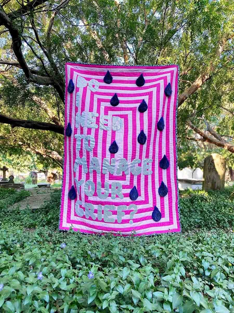 Amy Claire Mills,  Do I Need To Manage Your Grief? , 2019, Mixed media textiles, 203 × 191 cm. Courtesy the artist.