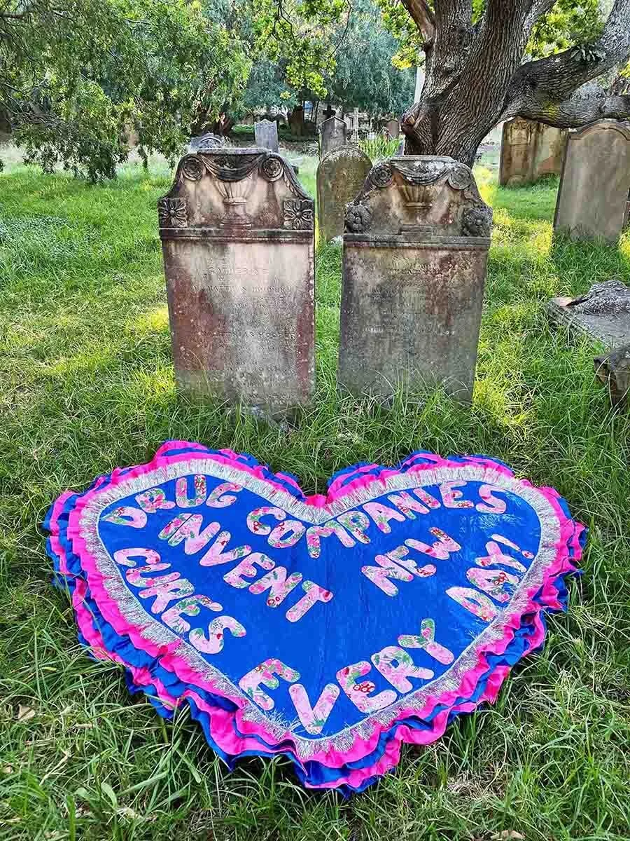 Amy Claire Mills,  Drug Companies Invent New Cures Every Day! , 2019, mixed media textiles, 219 × 168 cm. Courtesy the artist.