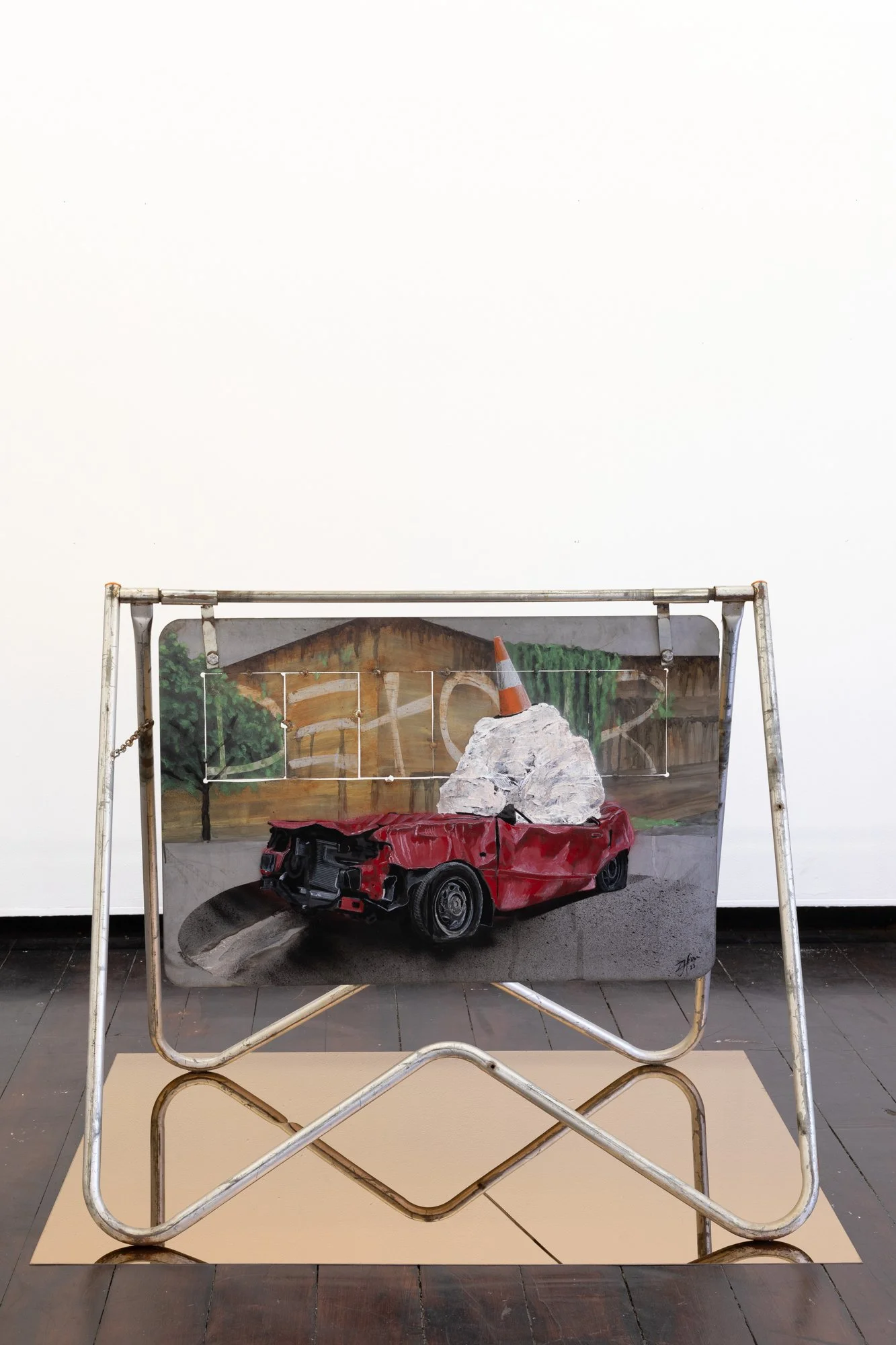Zachariah Fenn, ROUTED/DETOUR, 2023, Mixed media on altered traffic sign, steel A-frame stainless steel, timber pallet, caster wheels, 150 x 120 x 90 cm