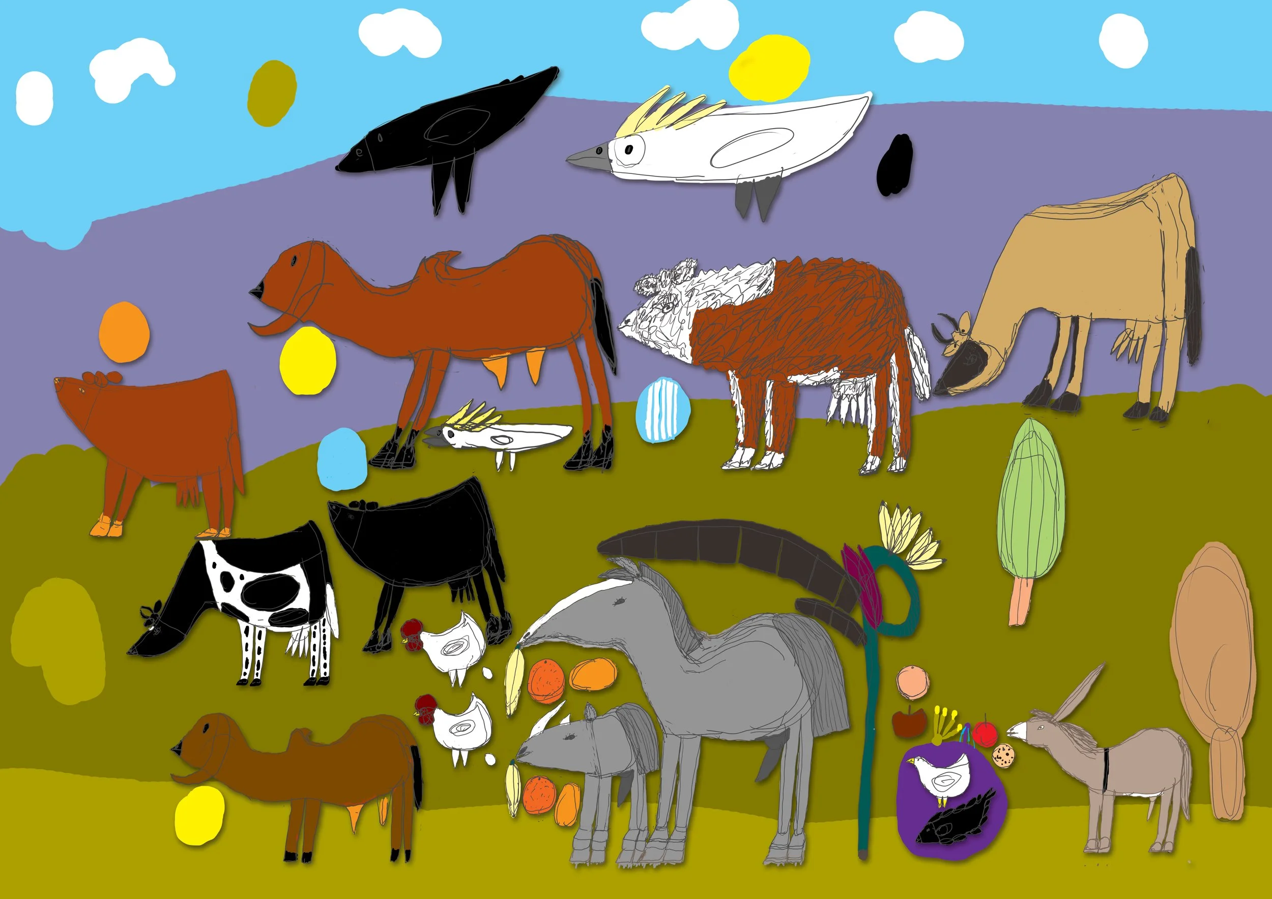 Arunan Dharmalingam, Arunan’s Farm with cows (revisited), 2025, Digital drawing, 605mm x 775mm 