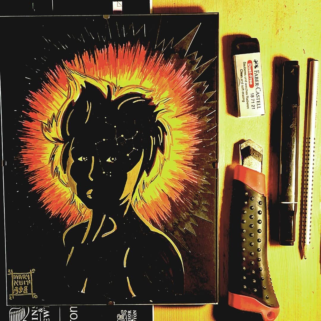 Missing Sagittarius season. This Pieces energy has me all messed up.
.
.This piece inspired by the solar eclipse back in December.
.
. #totalsolareclipse #covidart #sagitario♐ #selfiportraits #backlighting #quarentineart #maryteraji