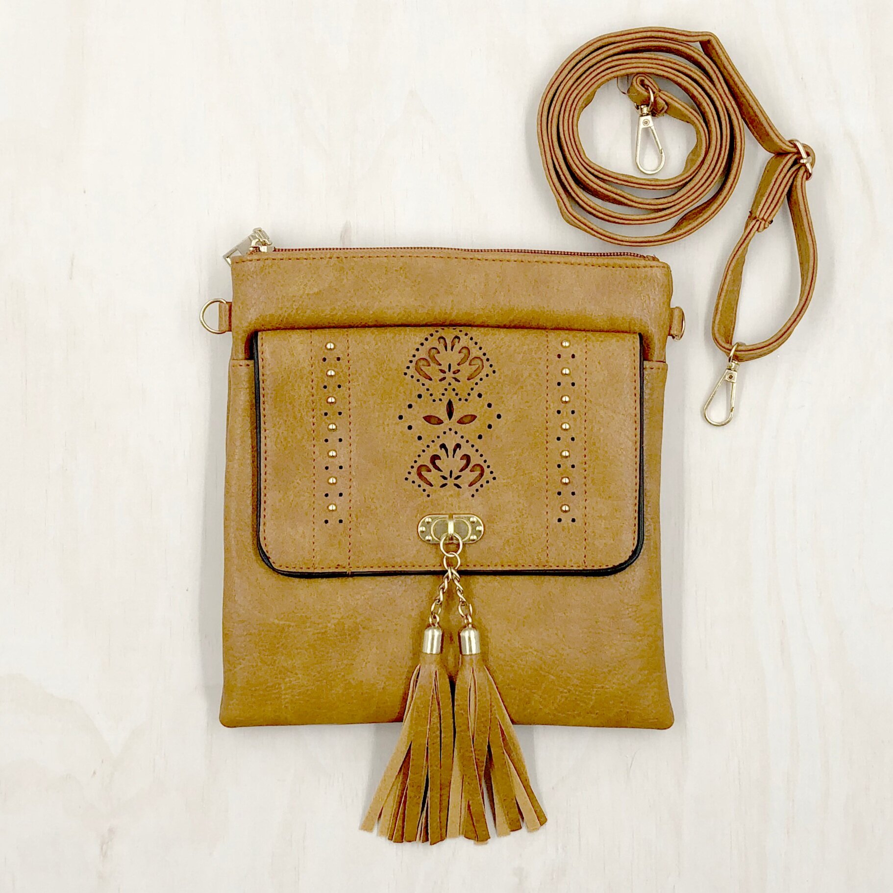 Tan Tasseled PU Leather Handbag