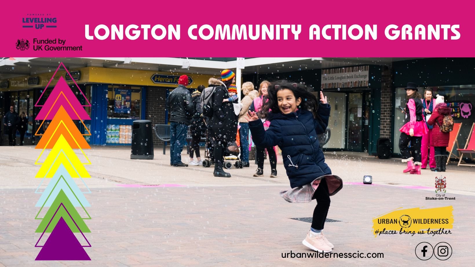 text reading "LONGTON COMMUNITY ACTION GRANTS" above image of a girl in bubbles in a street square