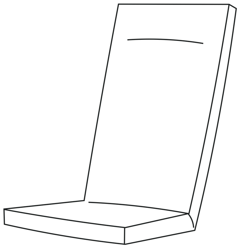 Hochlehner Fertigmaße ca. 120 x 50 x 9 cm Stehsaum: 2,5 cm mit Reißverschluss Füllung (herausnehmbar): Schaum Rg „3048“ Sitz: 43x43x3,5 cm Rücken: 43x43x3 cm Kopf: 43x20x3 cm 320g Vlies, Breite: 54 cm Lutrasilbezug