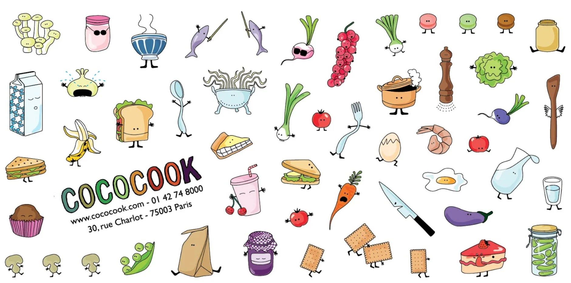 Comprehensive menu design for Parisian healthy, fast food chain Cococook. Concept, development and completion across the whole spectrum: drinks, snacks, main plates and desserts.