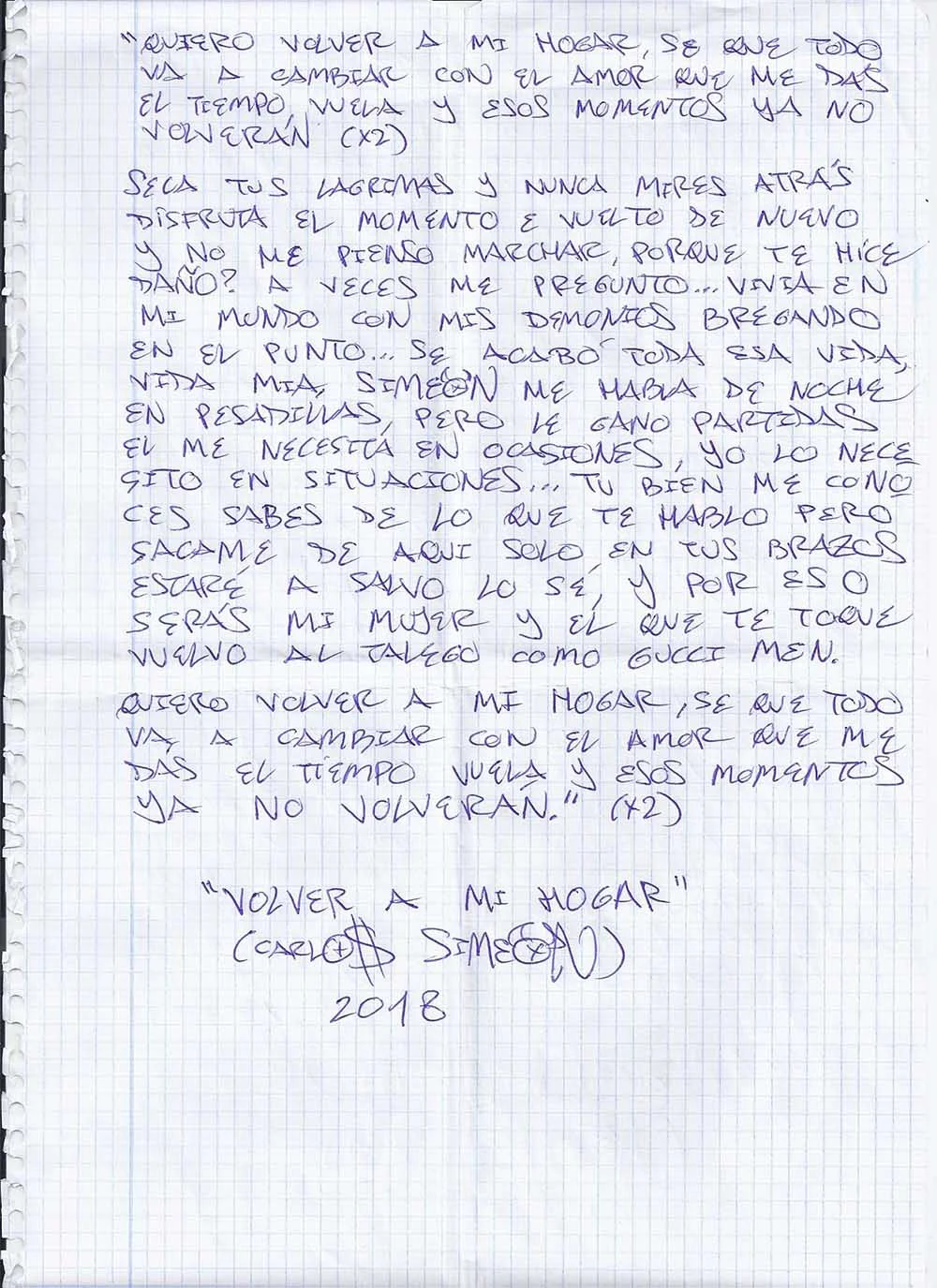 Copia manuscrita por el autor de la canción “Volver a mi hogar” escrita el 3 de Julio de 2018 en la prisión de Campos del Río por el Rapero Murciano SIMEON.
