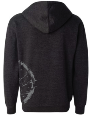 Edgy charcoal black full zip hoodie with a screen printed image of a Madison Manhole cover depicting our state capital building in grey.   Printed large on the lower left  front and wraps around.