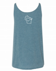 Flowy woman’s tank top in deep heather teal featuring a map of Wisconsin’s best wineries in white screen print with a HomeLove logo on the nape.