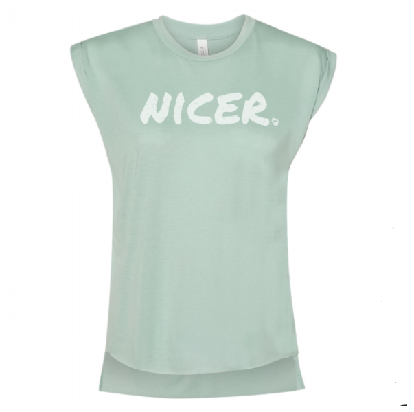 Flowy soft moss green women’s muscle tank tshirt with screen printed graphic of the word NICER in faded white poking fun that Wisconsin people are nicer than Minnesota people.