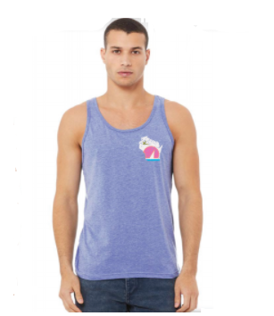 A man wearing a blended blue unisex tank top featuring the sun, sail and bird images from Wisconsin’s license plate in trending pink, aqua, and green hues.
