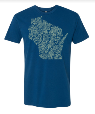 A deep blue graphic tshirt with a stylized representation of the Wisconsin river system screen printed in sea green on the front and the HomeLove logo on the nape.