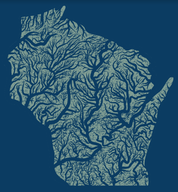 A close up shot of a deep blue graphic tshirt with a stylized representation of the Wisconsin river system screen printed in sea green on the front and the HomeLove logo on the nape.